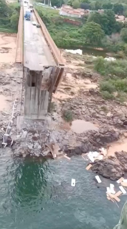 Aerial view of a collapsed bridge in Brazil.
