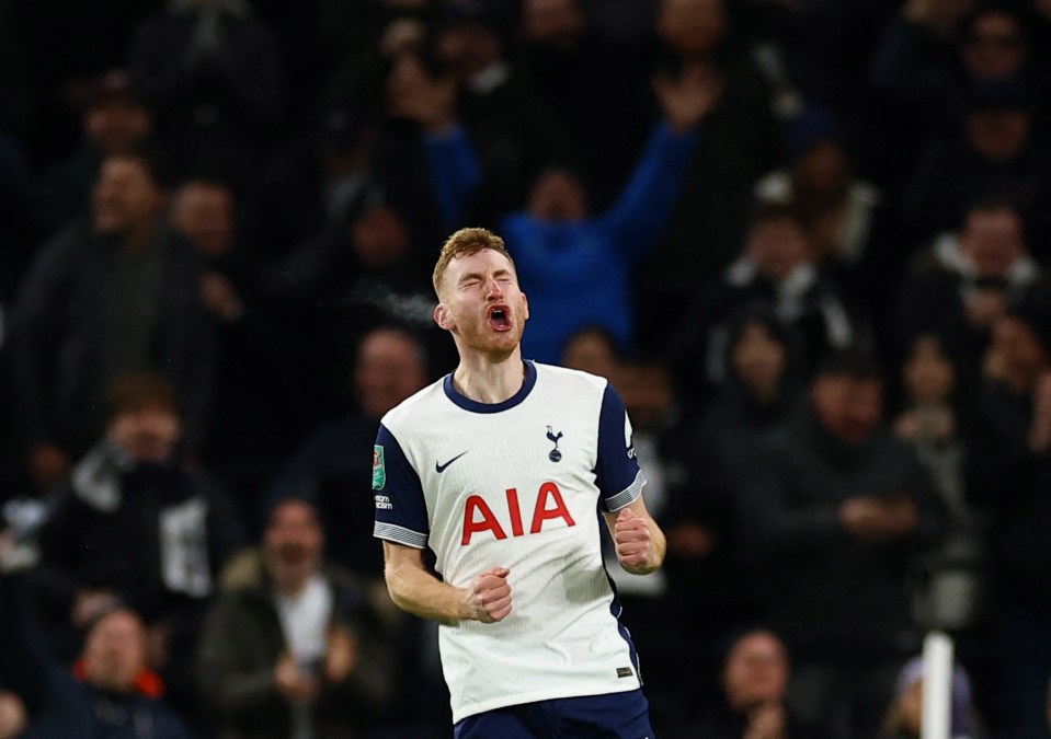Dejan Kulusevski celebrates scoring a goal for Tottenham Hotspur.