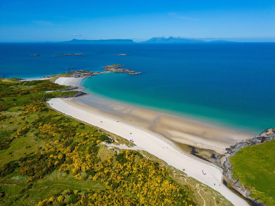 Aerial view of Camusdarach Beach in the Scottish Highlands.