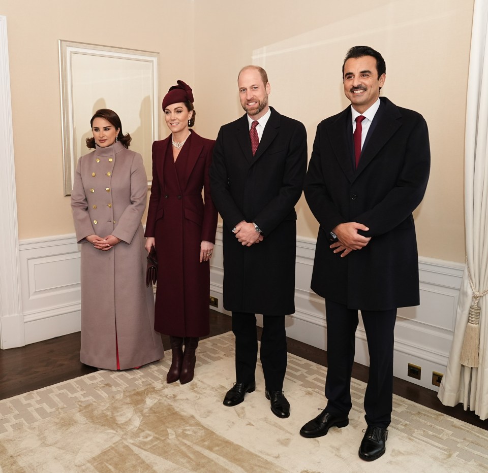 The Prince and Princess of Wales greet the Amir Sheikh Tamim (right) and his wife Sheikha Jawaher (left) in, London