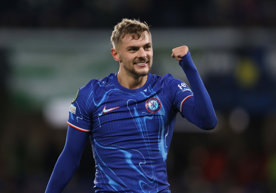 LONDON, ENGLAND - DECEMBER 19: Kiernan Dewsbury-Hall of Chelsea goal celebration after scoring during the UEFA Conference League 2024/25 League Phase MD6 match between Chelsea FC and Shamrock Rovers at Stamford Bridge on December 19, 2024 in London, England. (Photo by Crystal Pix/MB Media/Getty Images).