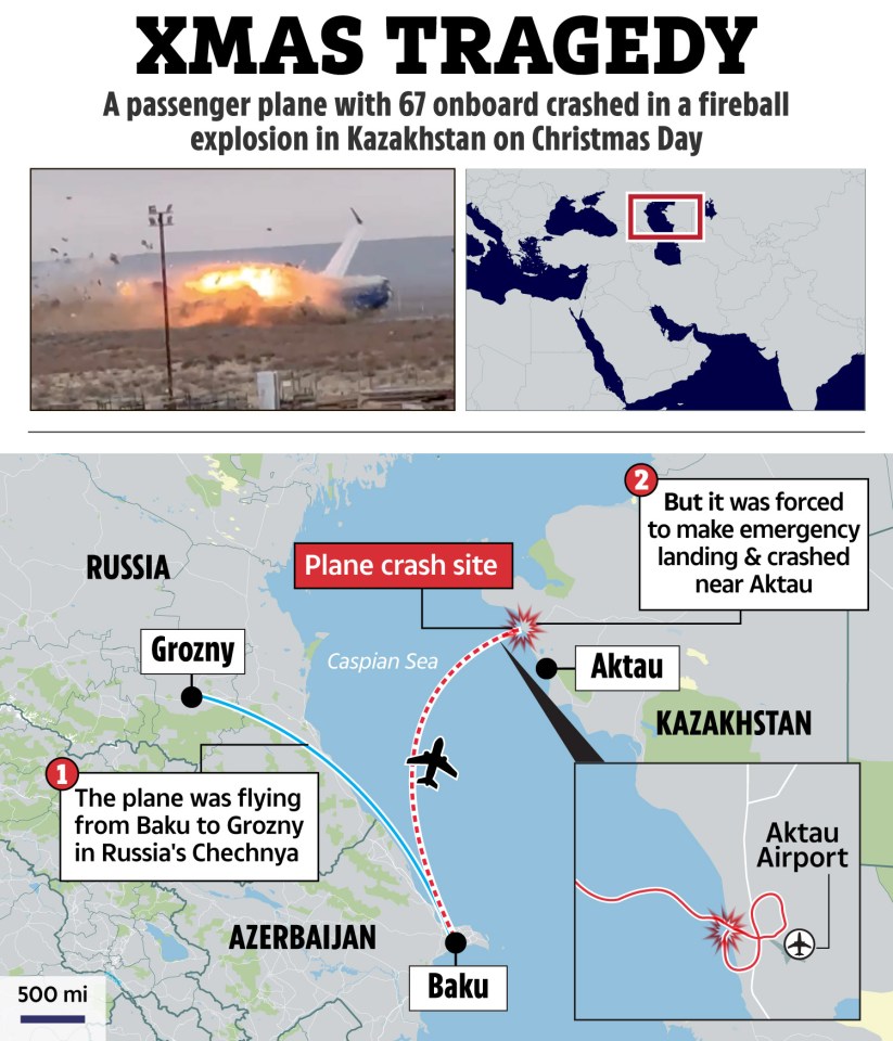Map showing the route of a passenger plane that crashed in Kazakhstan, killing 67.