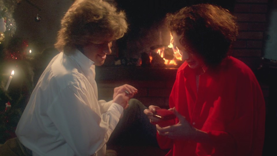 George Michael and Andrew Ridgeley in a scene from the "Last Christmas" music video.