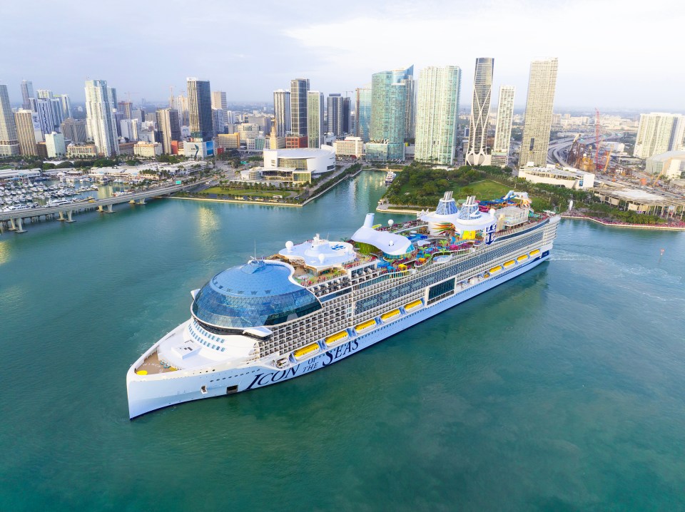 Aerial view of Icon of the Seas cruise ship in Miami.