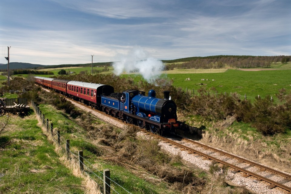 A steam train travels through a rural landscape.