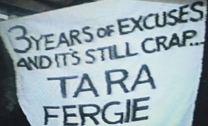 Fabric with embroidered text: "3 years of excuses and it's still crap... Tara Fergie"