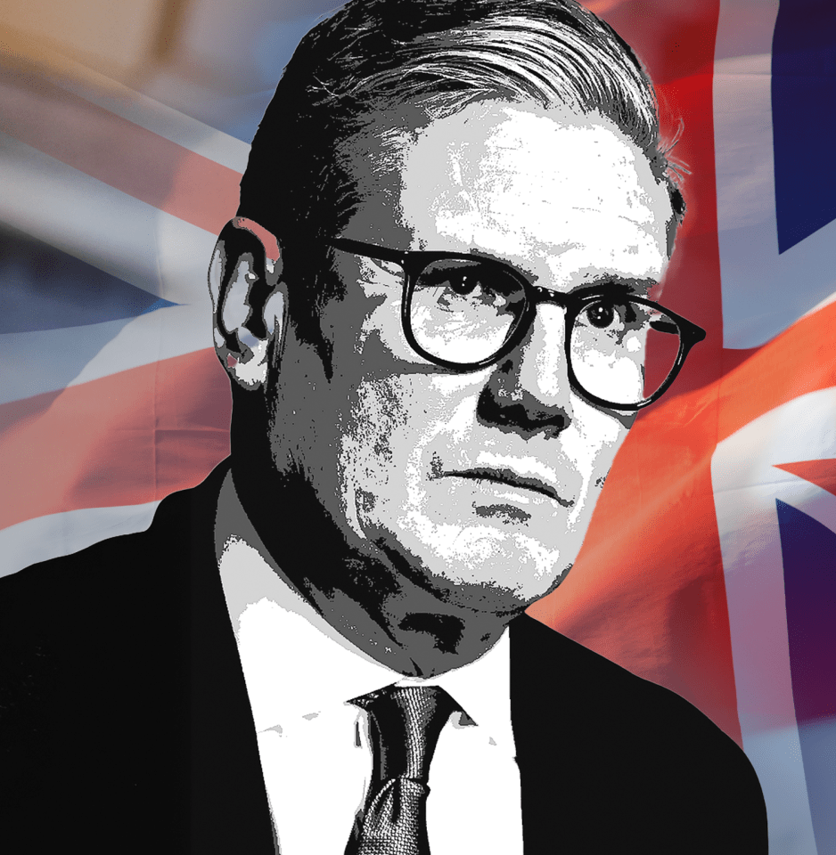 Stylized portrait of a man in a suit against a UK flag.