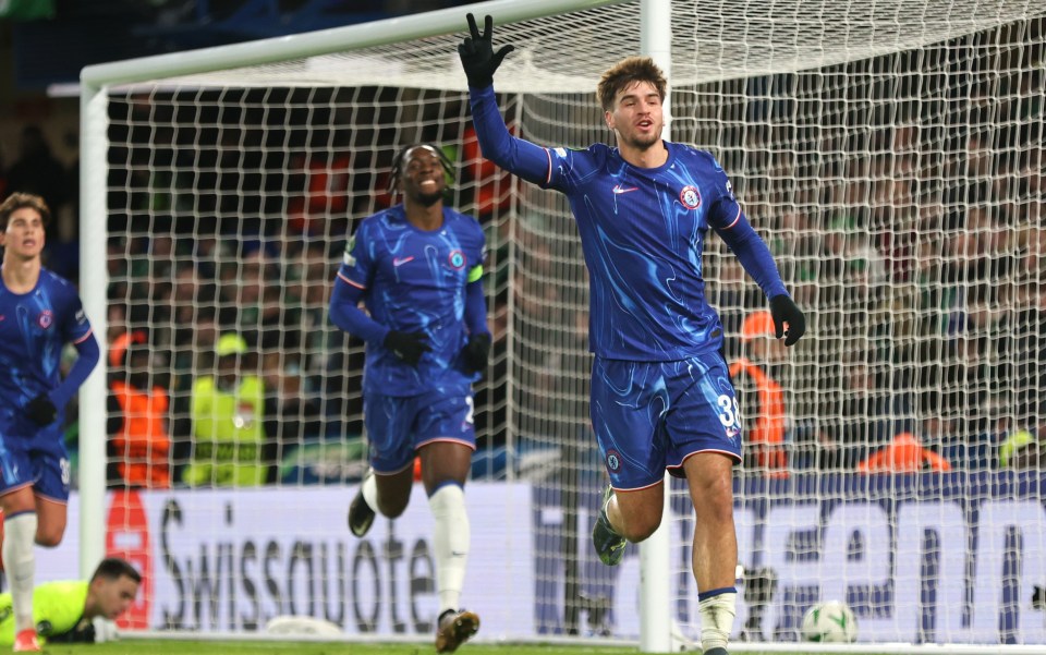 LONDON, ENGLAND - DECEMBER 19: Chelsea's Marc Guiu celebrates scoring his side's fourth goal during the Europa Conference League League Stage match between Chelsea and Shamrock Rovers at Stamford Bridge on December 19, 2024 in London, England. (Photo by Rob Newell - CameraSport via Getty Images)
