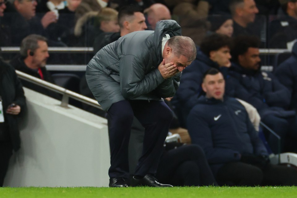 Ange Postecoglou, Tottenham Hotspur manager, looking distraught during a match.