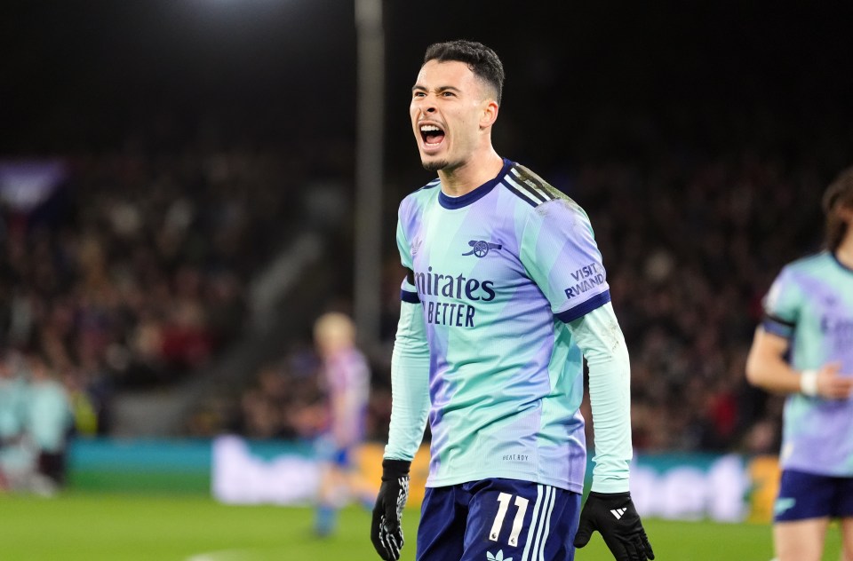 Gabriel Martinelli of Arsenal celebrates scoring a goal.