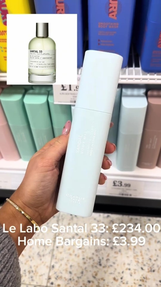 A hand holds a £3.99 Home Bargains perfume dupe of Le Labo Santal 33, which retails for £234.00.