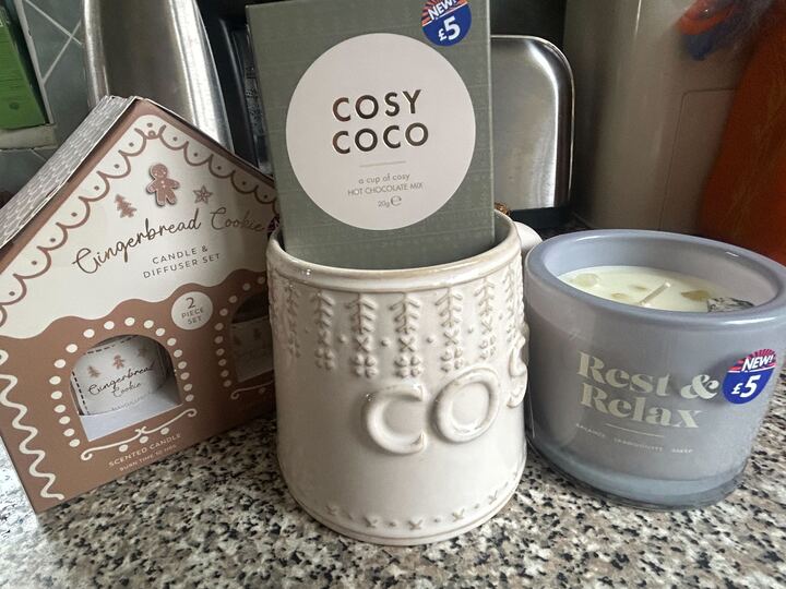 Cozy Coco hot chocolate mix, gingerbread candle and diffuser set, and Rest & Relax candle.