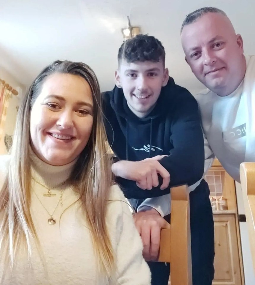 A family portrait of a mother, teenage son, and father.