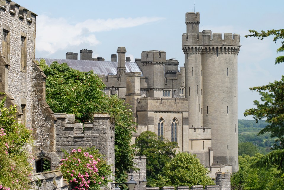 Arundel Castle keep, walls, and tower in West Sussex, England.