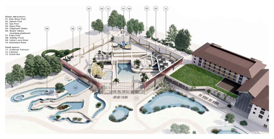 Diagram of Chessington World of Adventures Resort's new water park, showing pools, slides, and other features.