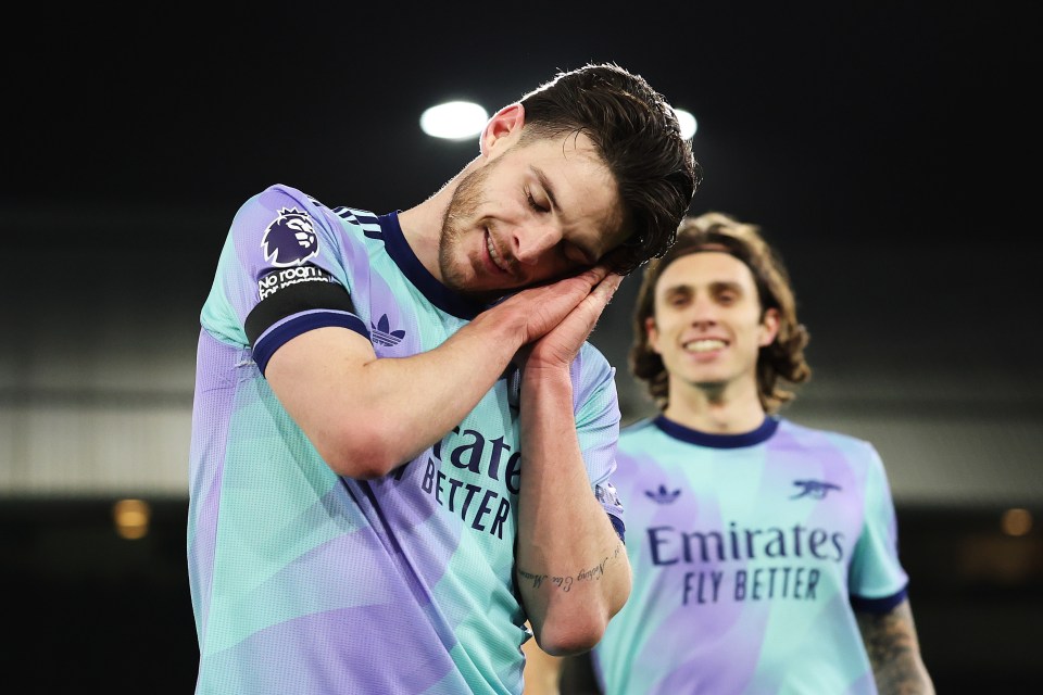 Declan Rice of Arsenal celebrates scoring a goal.