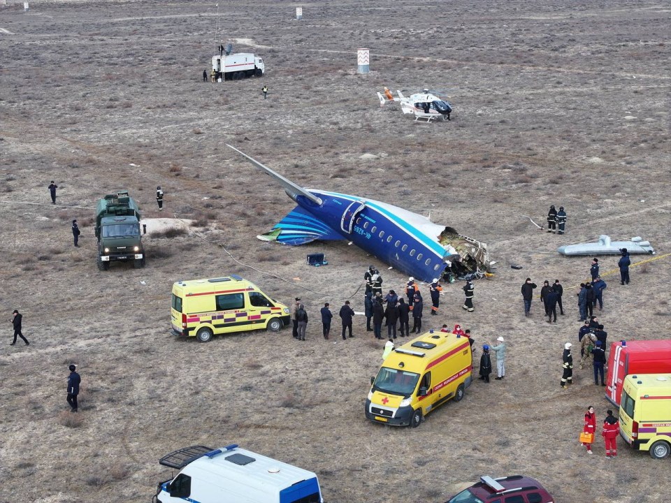 Drone view of an Azerbaijan Airlines passenger plane crash site near Aktau, Kazakhstan.
