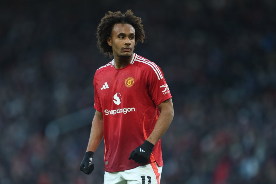 Joshua Zirkzee of Manchester United in a red jersey.