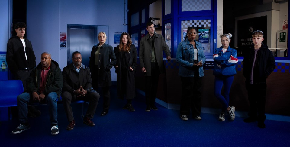 Coronation Street cast in a police station.