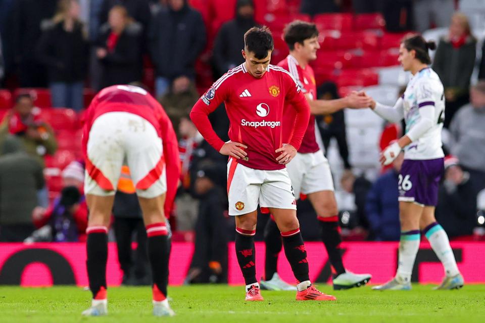 Lisandro Martinez of Manchester United looks dejected after a 3-0 loss.
