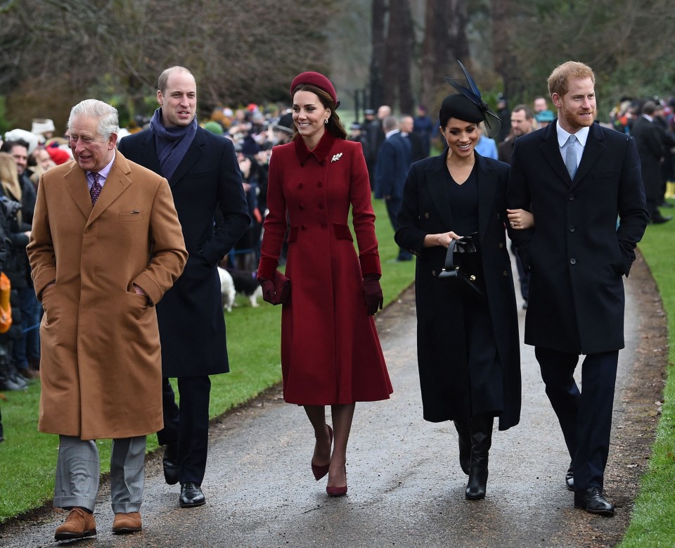 Prince Charles, Prince William, Kate Middleton, Meghan Markle, and Prince Harry arriving at a Christmas Day service.