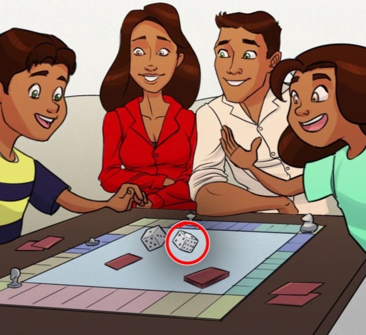 A family plays a board game; one die shows nine pips.