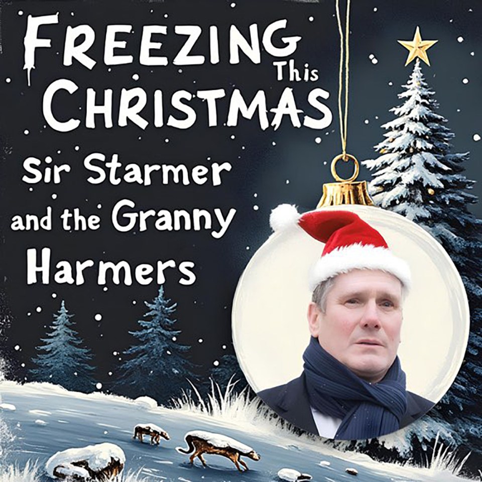 Sir Keir Starmer in a Santa hat on a Christmas-themed image titled "Freezing this Christmas: Sir Starmer and the Granny Harmers".