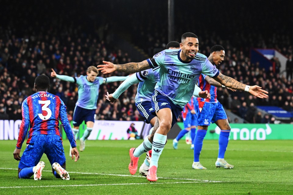Gabriel Jesus of Arsenal celebrates scoring a goal.