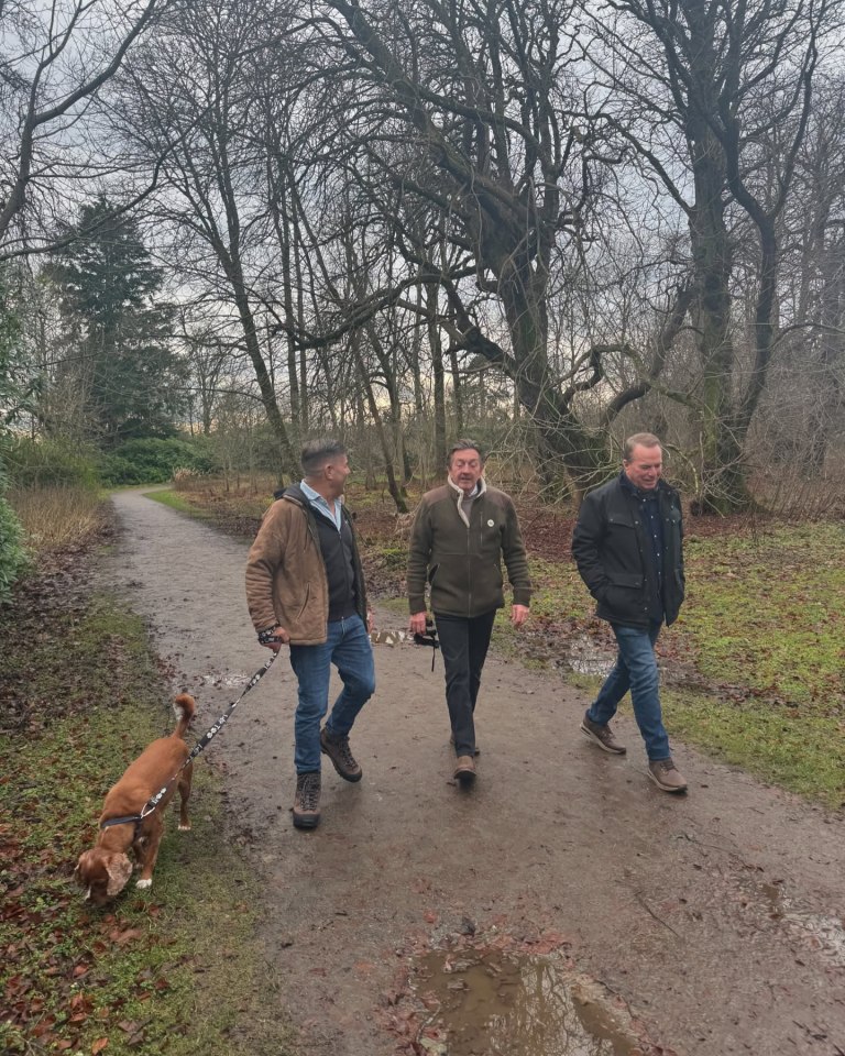 Three men walking a dog on a path in a wooded area.