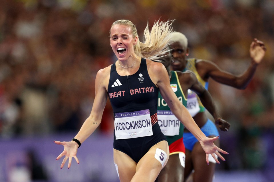 Keely Hodgkinson of Great Britain celebrates winning gold in the women's 800m final at the Paris 2024 Olympics.