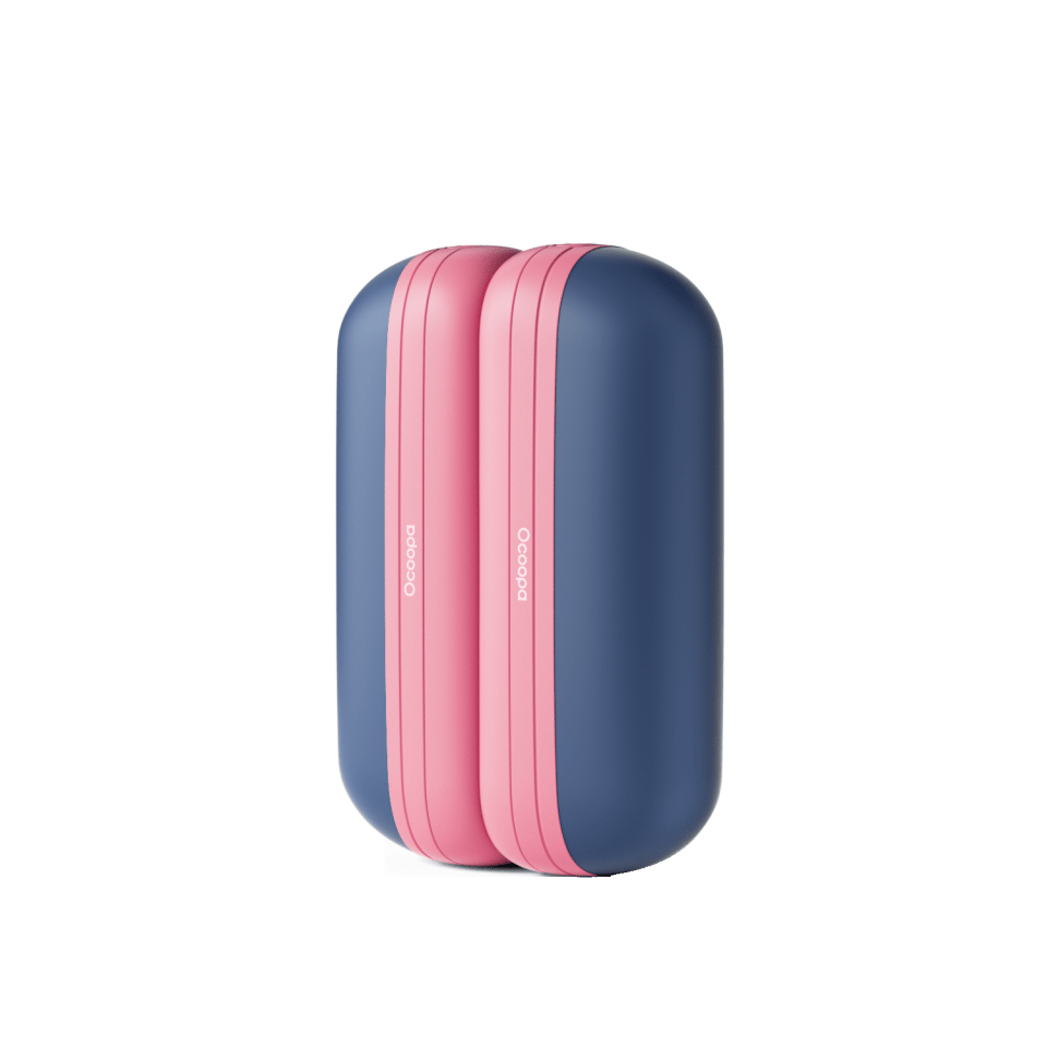 A set of three hand warmers in a row. The first hand warmer is blue, the second is pink, and the third is green. The hand warmers have Ocoopa branding printed on the side.