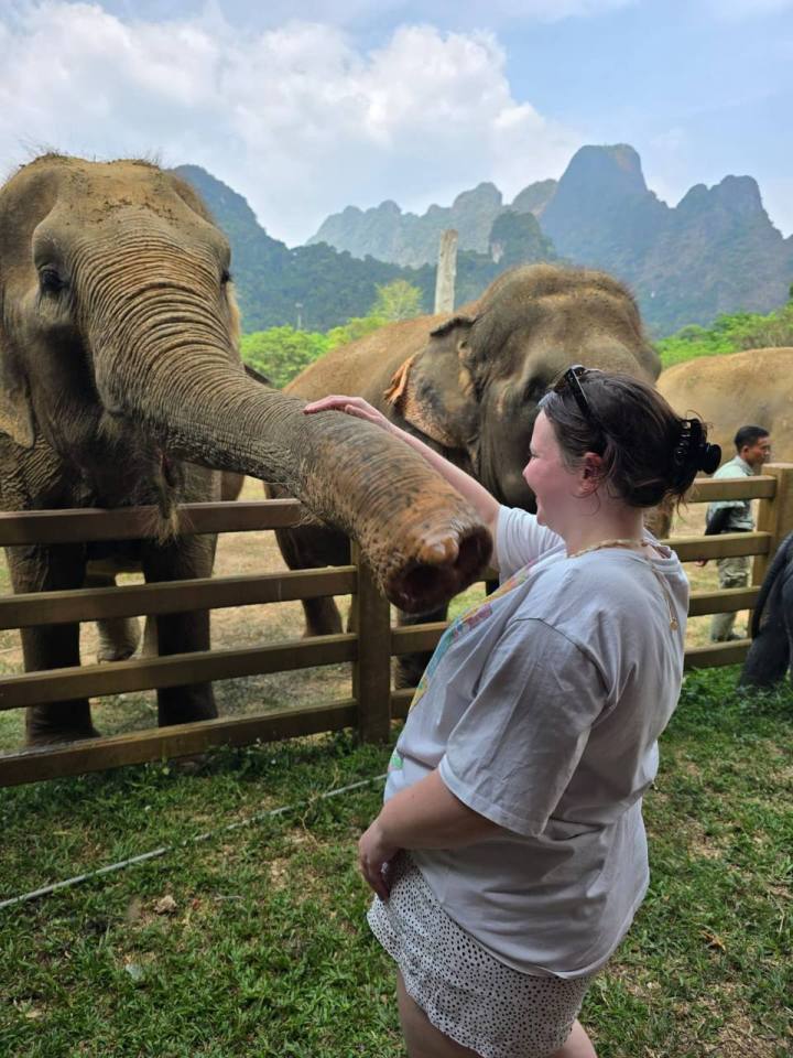 Woman interacting with elephants.