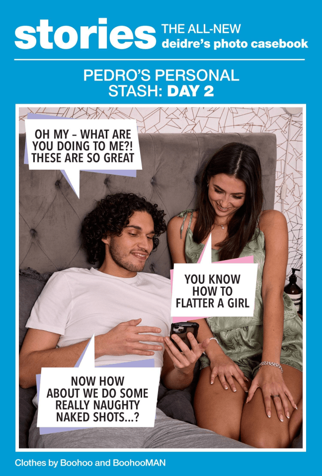 Couple on a bed looking at a phone; suggestive text bubbles.