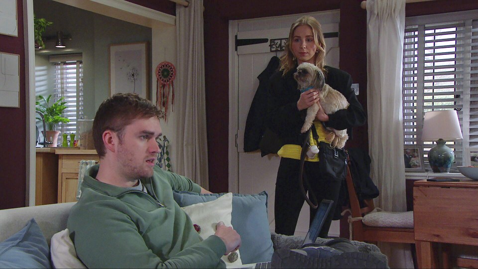 A man and woman have a tense conversation in a living room.  The woman holds a small dog.