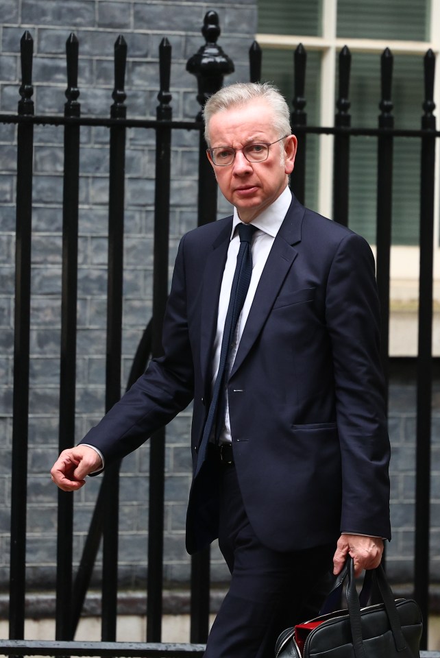 Michael Gove, Secretary of State for Levelling Up, Housing and Communities, walking near 10 Downing Street.