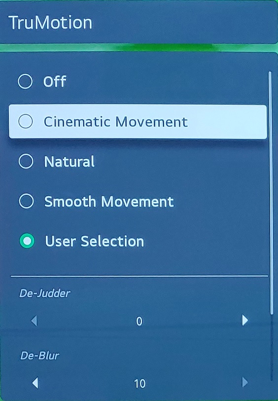 TruMotion settings: off, Cinematic Movement, Natural, Smooth Movement, User Selection; De-Judder 0, De-Blur 10.