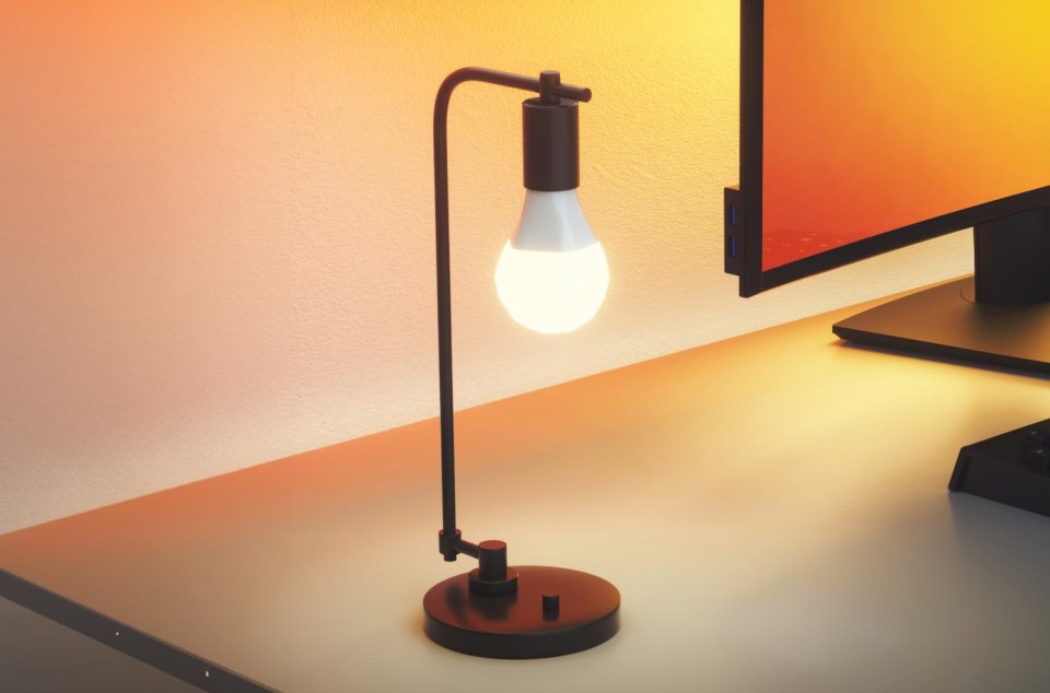 Desk lamp next to computer monitor.