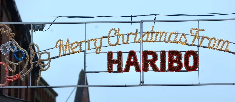 Christmas lights spelling "Merry Christmas From Haribo".
