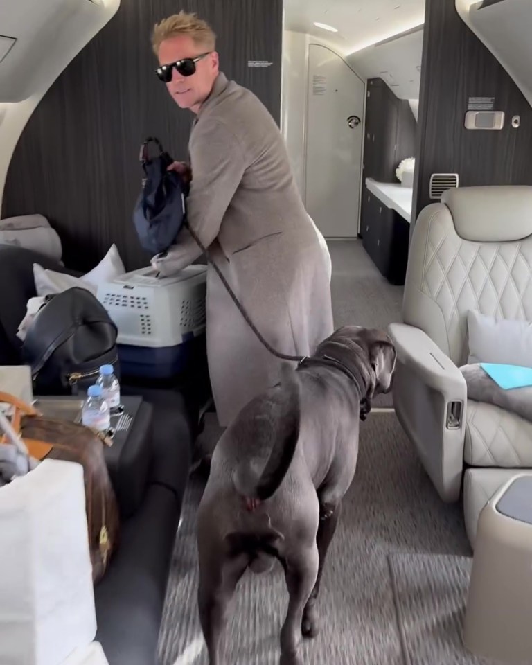 Ronan Keating with his dog on a private jet.
