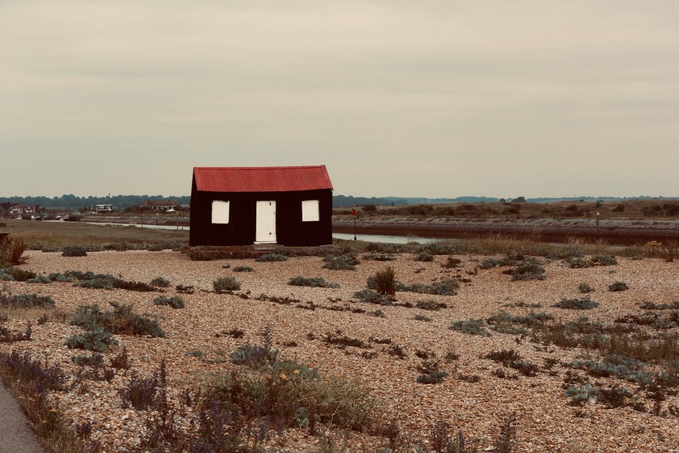 Small black building with a red roof on a pebble beach near Rye Harbour.