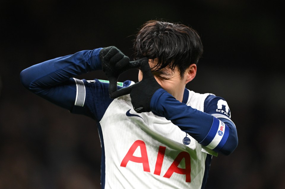 Son Heung-Min of Tottenham Hotspur celebrates a goal.