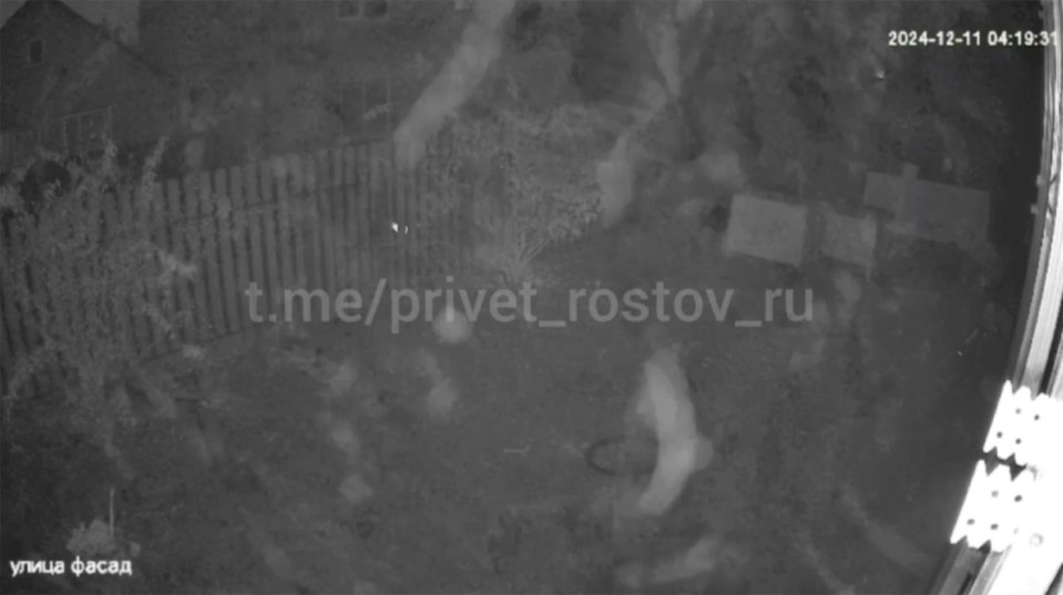 Nighttime security footage of a fire, showing burnt cars.