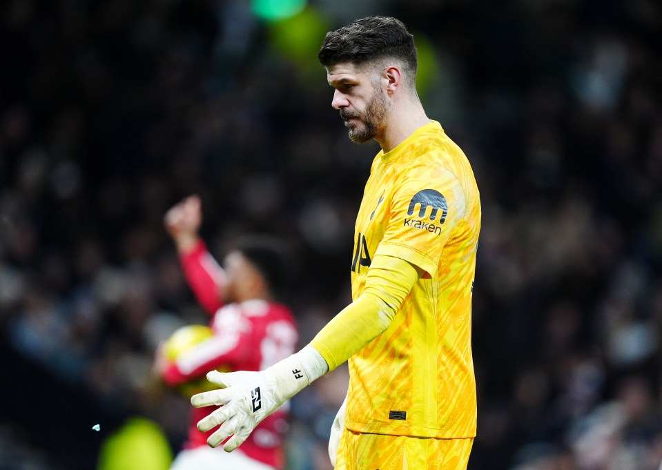 Fraser Forster, Tottenham Hotspur goalkeeper, looking dejected.