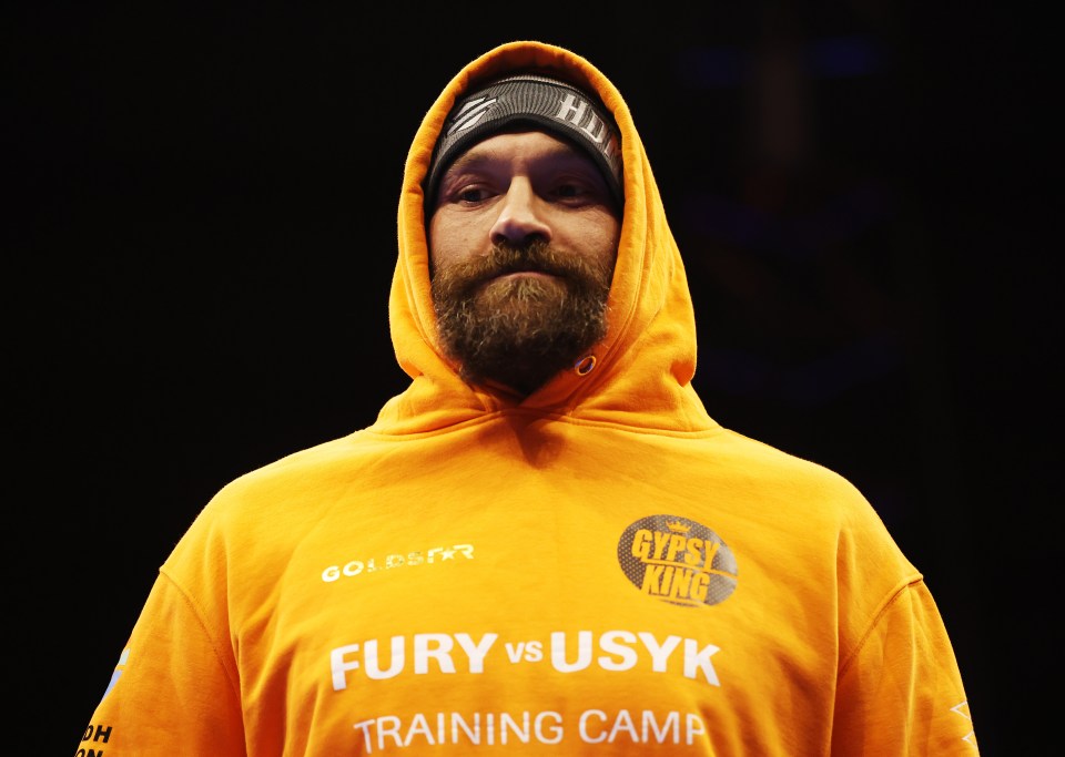 Tyson Fury at a media workout for his upcoming fight against Oleksandr Usyk.