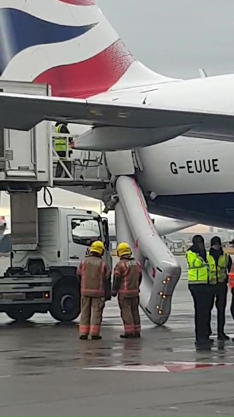 Emergency slide deployed on a British Airways plane at London Heathrow.