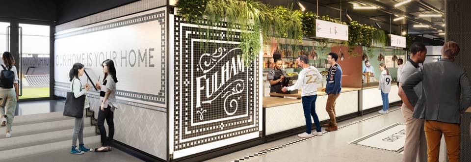 Illustration of Fulham FC's Riverside Stand, showing a food hall with people ordering food and drinks.