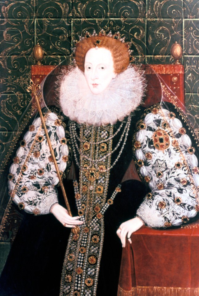 Illustration of Queen Elizabeth I seated on a throne, holding a scepter.