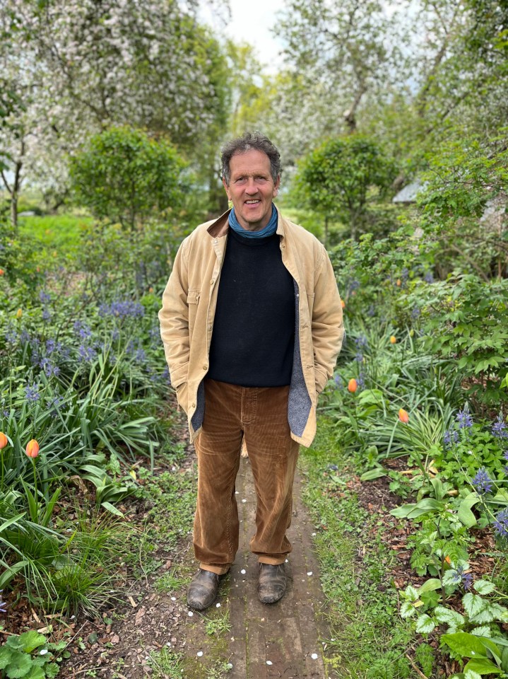 Monty Don standing on a garden path amongst flowering plants.