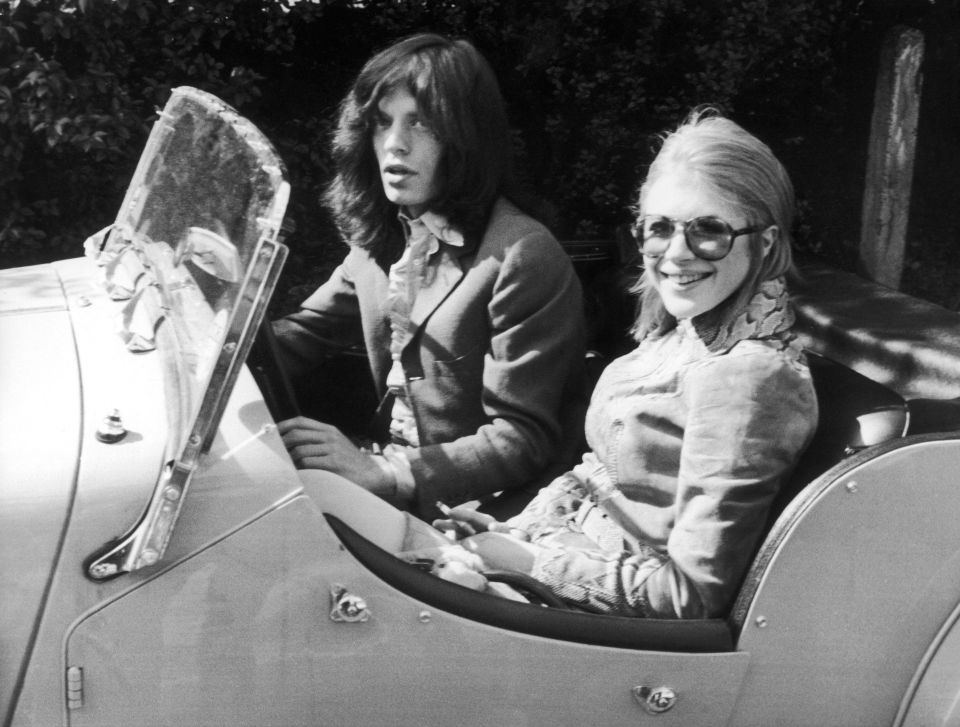 Mick Jagger and Marianne Faithfull leaving court in a convertible.