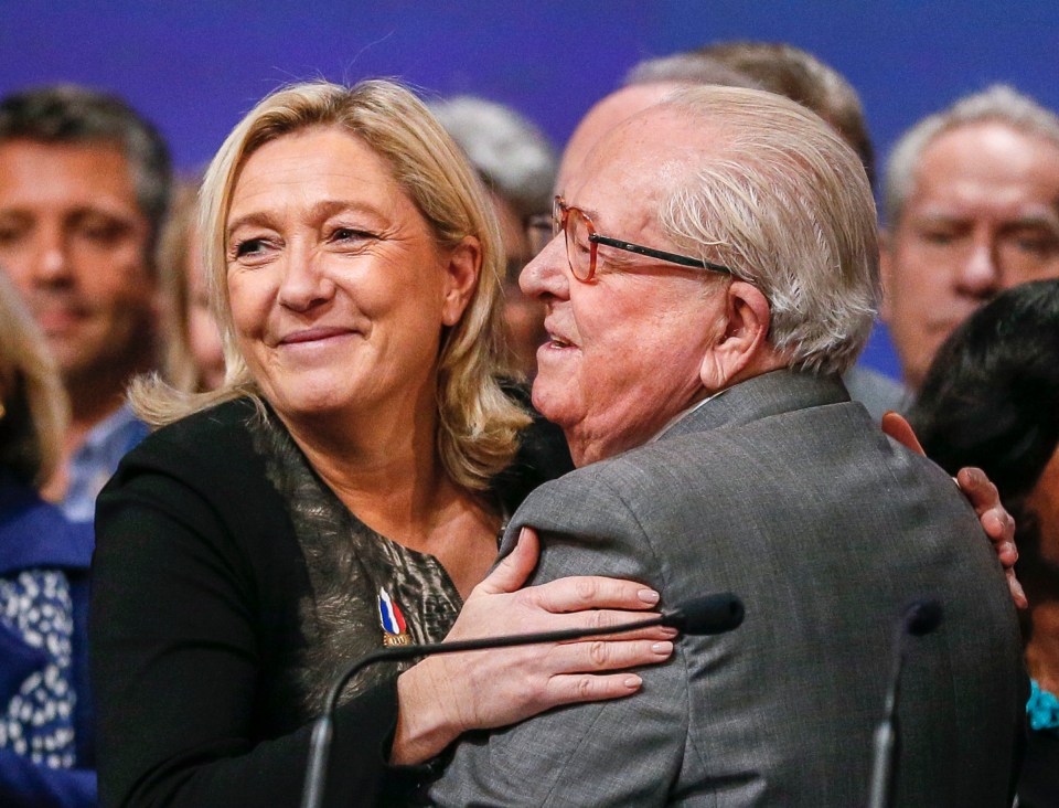 Marine Le Pen embracing her father, Jean-Marie Le Pen.